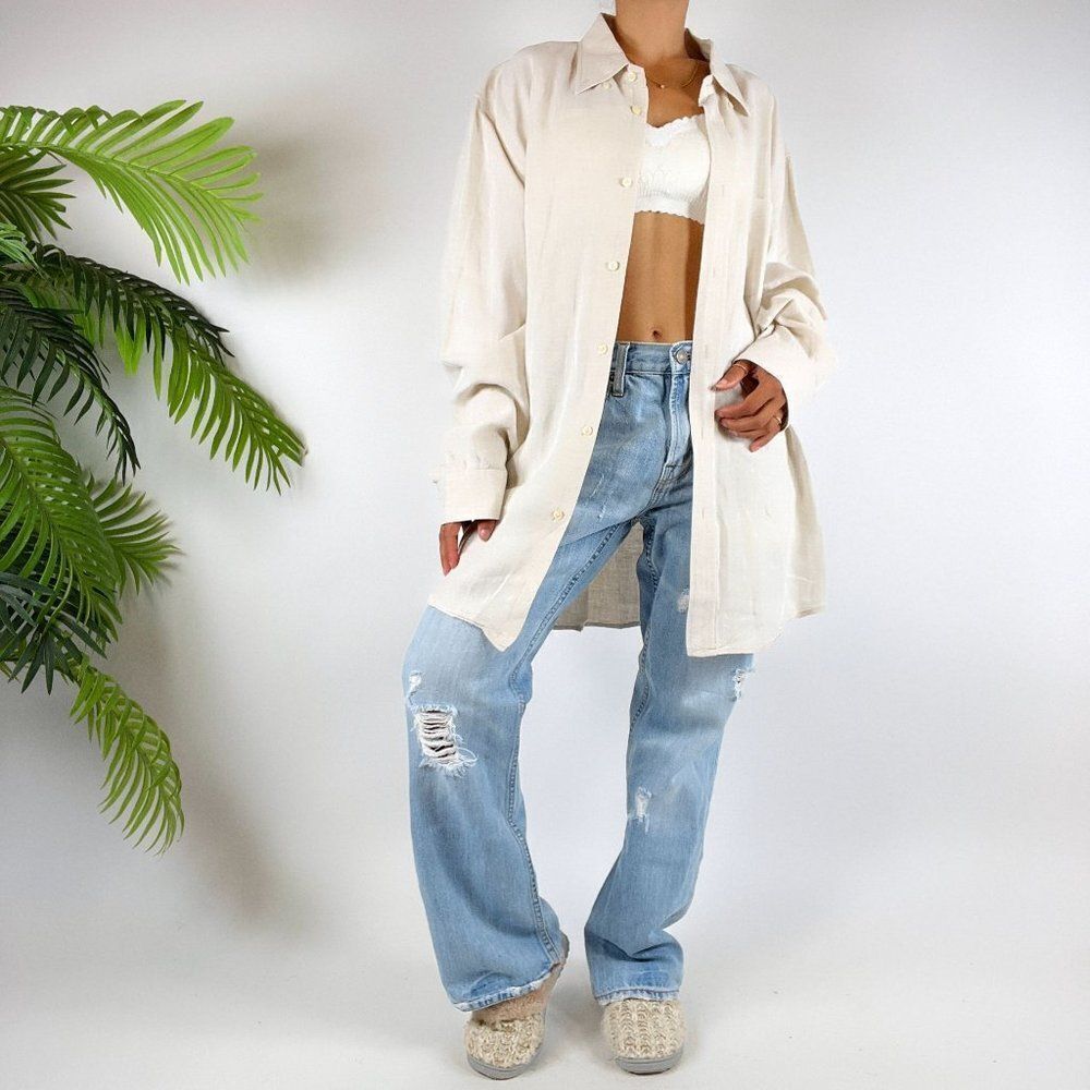 Vintage Y2K Coastal Chic Beachy Boho Oversized Linen Button Up Shirt / Size: XL